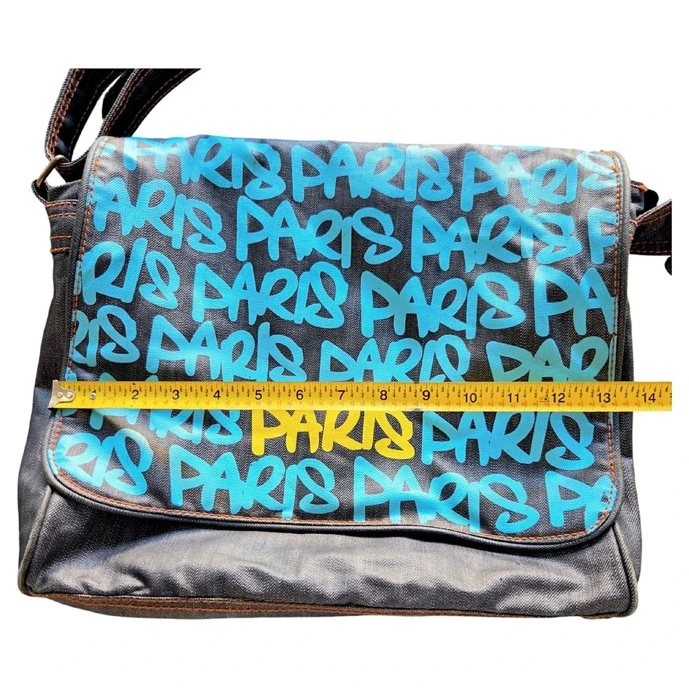 Robin Ruth Paris Denim Messenger Bag Graffiti Print Adjustable Strap Excellent